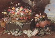 Jan Van Kessel Still life of various flwers in a basket,tulips in a copper pot hortensias,asparagi and artichokes laid out on the ground,together with an owl,butterf Germany oil painting artist